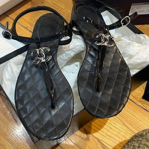 Chanel Black Silver Hardware Flat Thong Sandals